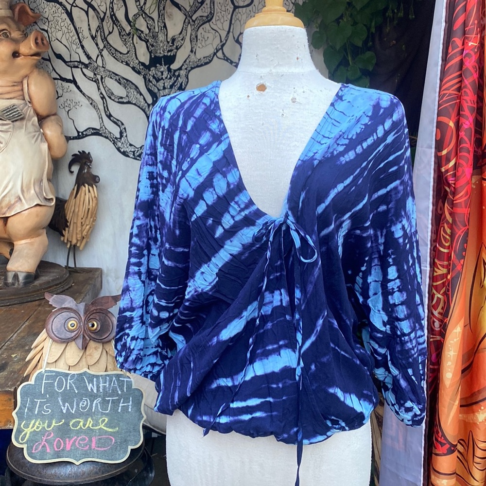 Forever 21 Tie Dye Crossover Blouse - Blue & White - Size Large